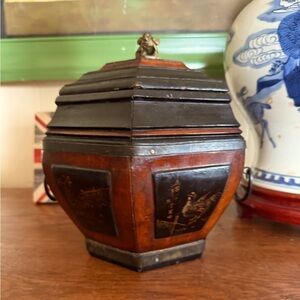 Antique Chinese Hexagonal Lacquered Wooden Scholar Box with Foo Dog Finial Lid